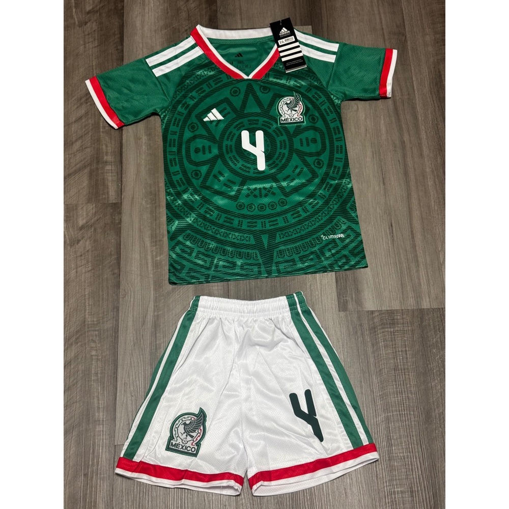Adidas Mexico Soccer Jersey Shorts Set Kids 16 E. Alvarez 4 Green White Kit NEW